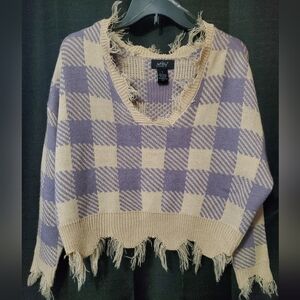 Just Polly NY Checkered cropped fring hem Plaid Bare Shoulder Sweater SZ Small